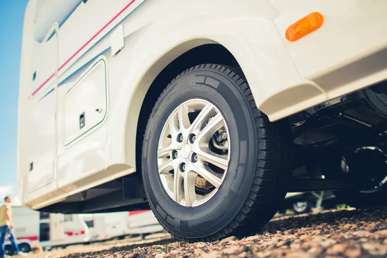 Close up of new RV tires on an RV