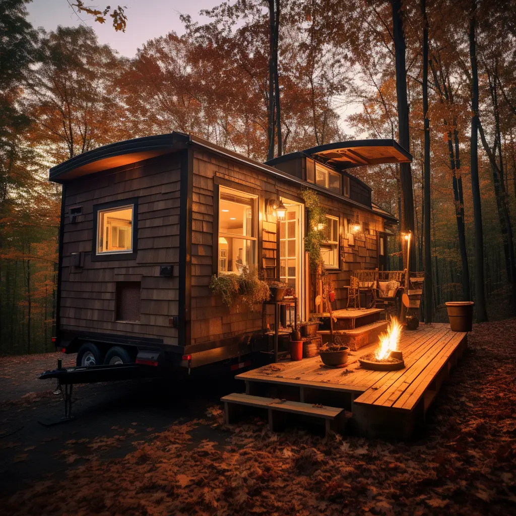 Tiny home in the woods at evening with camp fire