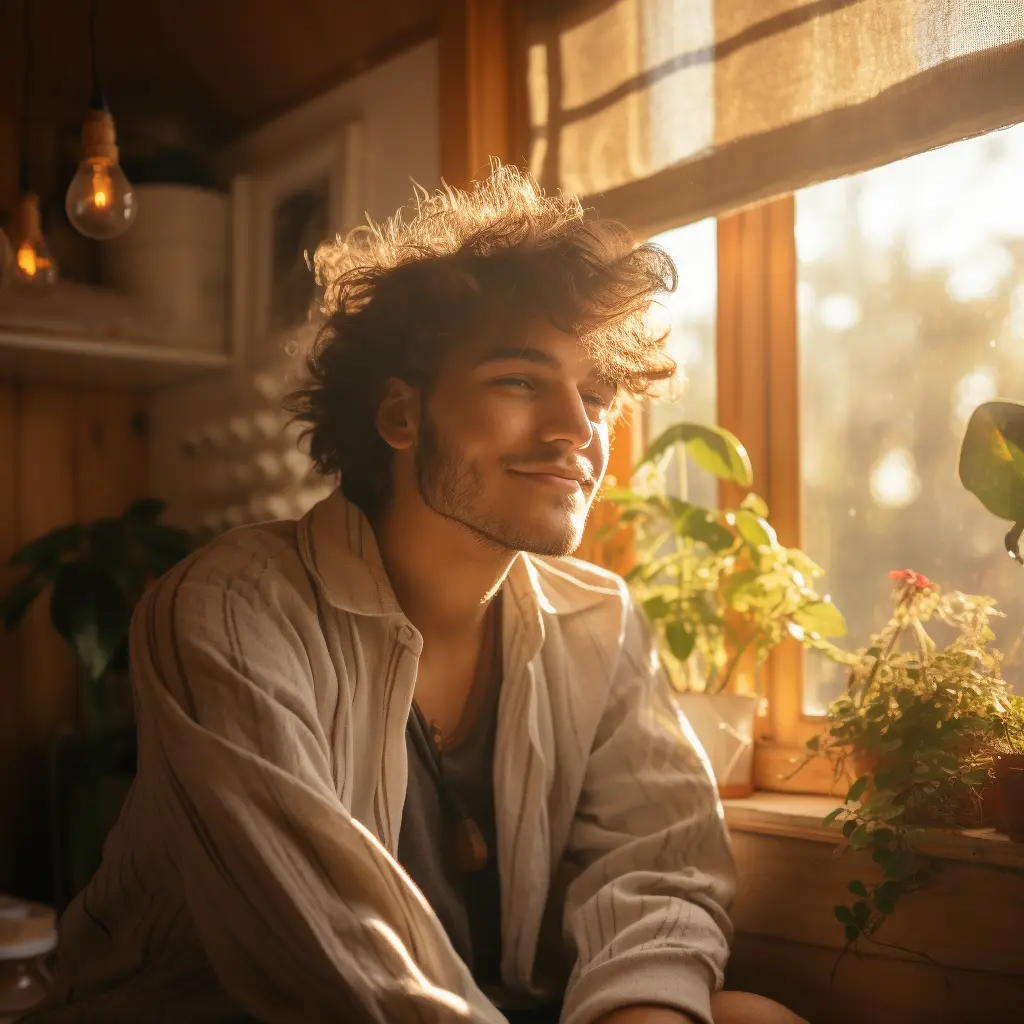 Happy young man in tiny home